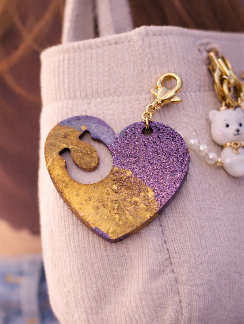 Purple Gold Glitter Heart Resin Keychain Charm Handmade Aesthetic NEW